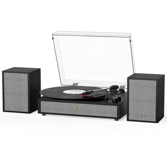 TANLANIN Black Bluetooth Record Player with External Speakers, 3-Speed