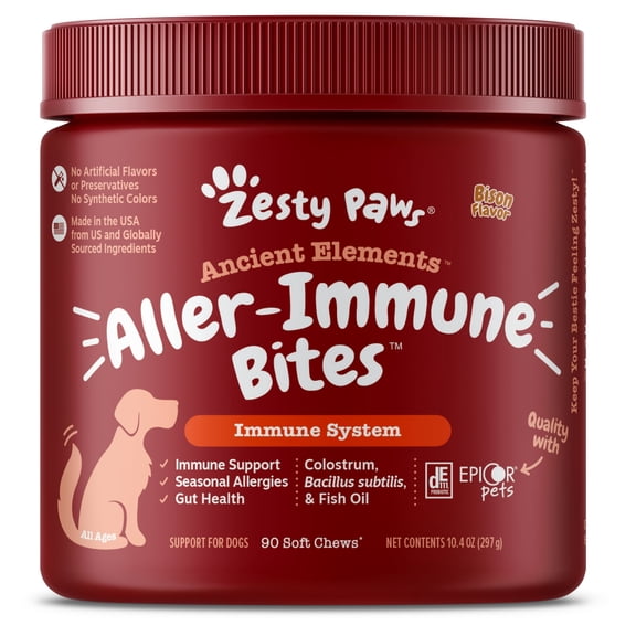 Zesty Paws Immune System Ancient Elements Aller-Immune Bites for Dogs, Allergy Relief and Supports Immune Function, Gut Health & Sensitive Skin, Bison Flavor, 90 Count Soft Chews