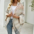 thumbnail image 6 of Xfvqtps Women Cape Tassel Collar Fringed Hem Open Front Cloak Colorful Striped Knitting Loose Windproof Coldproof Warm Winter Long Coat Beige, 6 of 8
