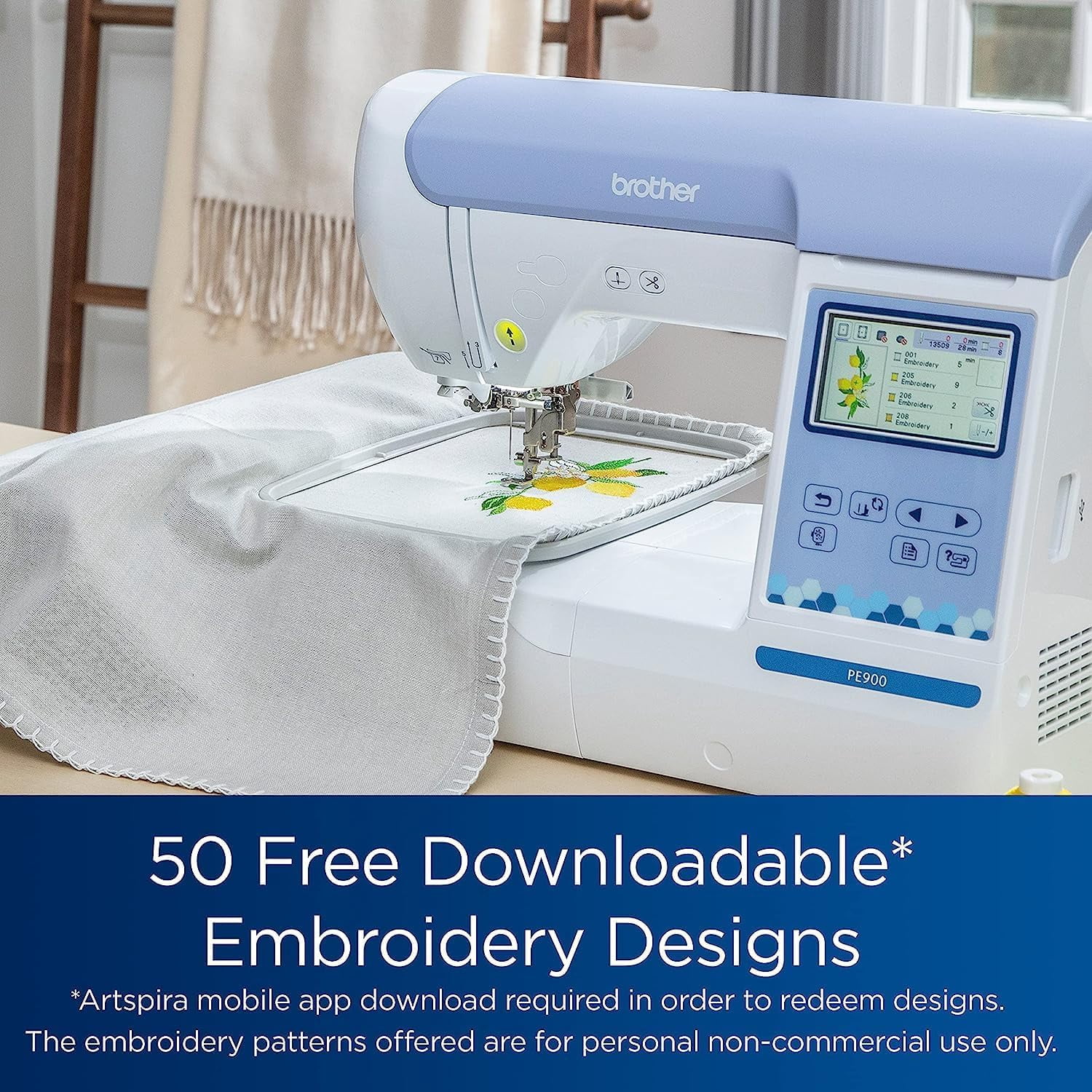 Brother PE900 Embroidery Machine with WLAN and 4"x7" Magnetic Embroidery Hoop Frame, Premium Embroidery Thread 6 Spools, 75/11 Size Needles 100 Count