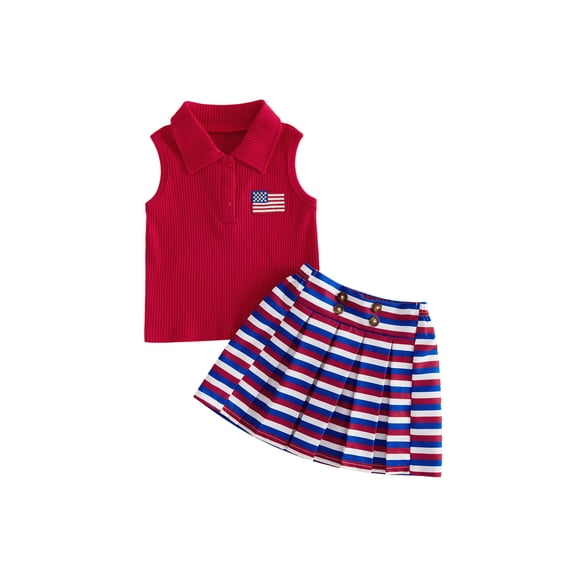 BemeyourBBs Toddler Baby Girl 4th of July Outfit Patriot Independent Day Summer Clothes Baby Girl Fourth of July Outfit Sleeveless American Flag Embroidery Collar Ribbed Tank Top Pleated Skirt Set
