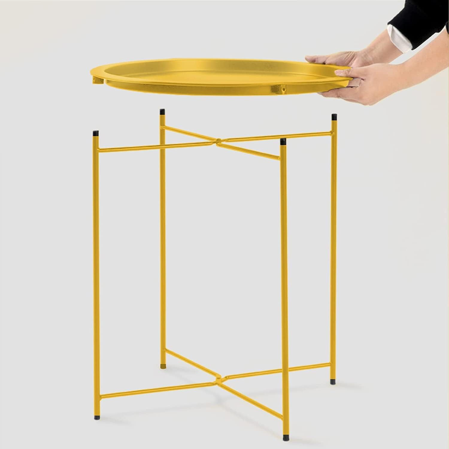 Folding Tray Metal Side Table 2PC Yellow Round End Table Cyan Sofa Small Accent Fold-able Table, Round End Table Tray, Next to Sofa Table, Snack Table for Living Room and Bed Room