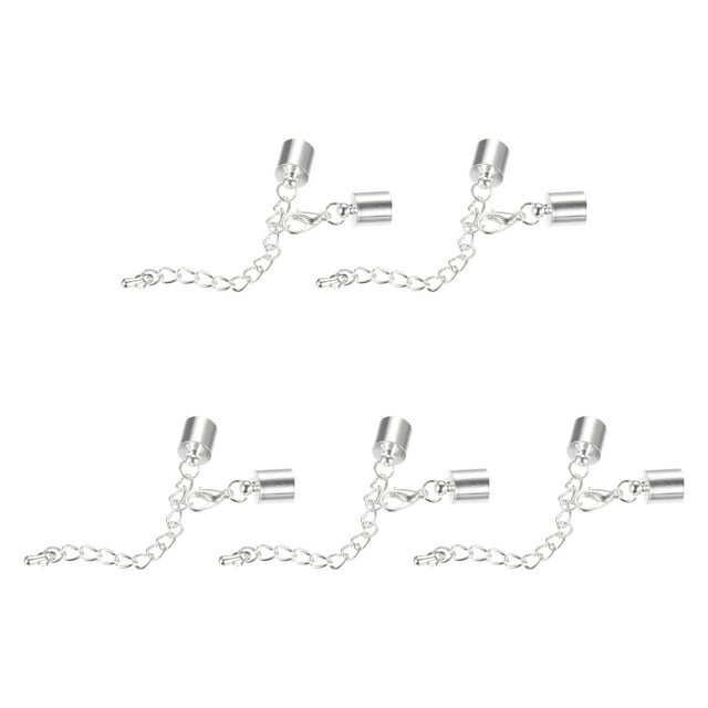 Unique Bargains 10Sets 8mm Leather Cord End Caps with Lobster Clasps & Extender Chain for DIY, Rhodium Tone