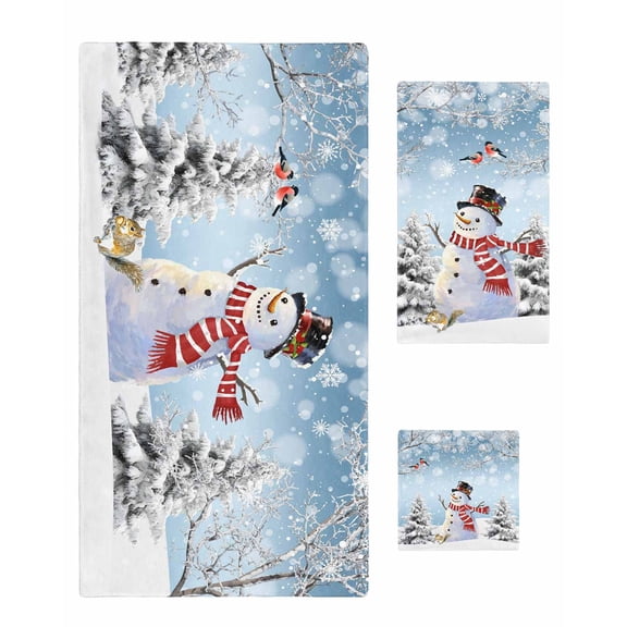 Blue Christmas Bath Towels for Bathroom Set,Luxury Microfiber Towels Gifts for Women,Quick Dry Beach Hand Hair Face Towel and Dish Washcloth,Snowman Xmas Tree Snowflake Winter Birds Towels Set
