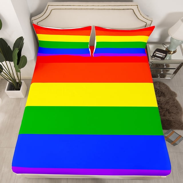 Erosebridal Rainbow Stripe Fitted Sheet Set Full, Colorful Geometry Bedding Full Size, Microfiber 3-Piece