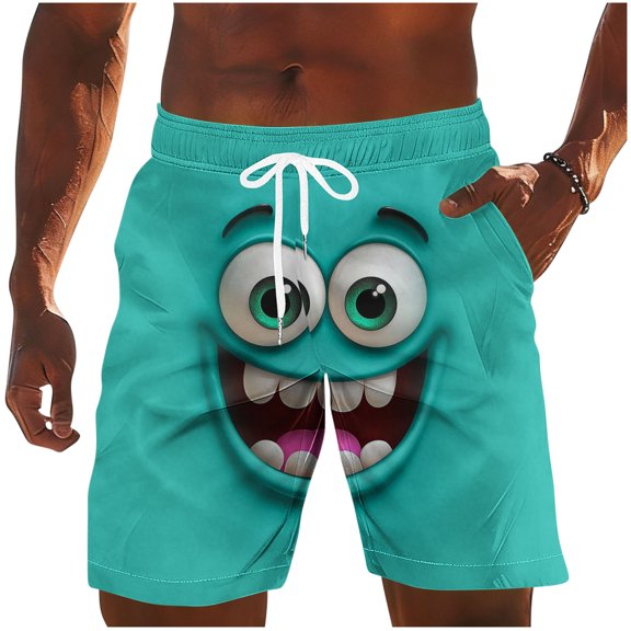 BVnarty Men's Grinning Cartoon Expression Swim Trunks Elastic Waist Drawstring Side Pockets Quick Dry Breathable Vacation Beach Daily Lounge Shorts Light Blue L