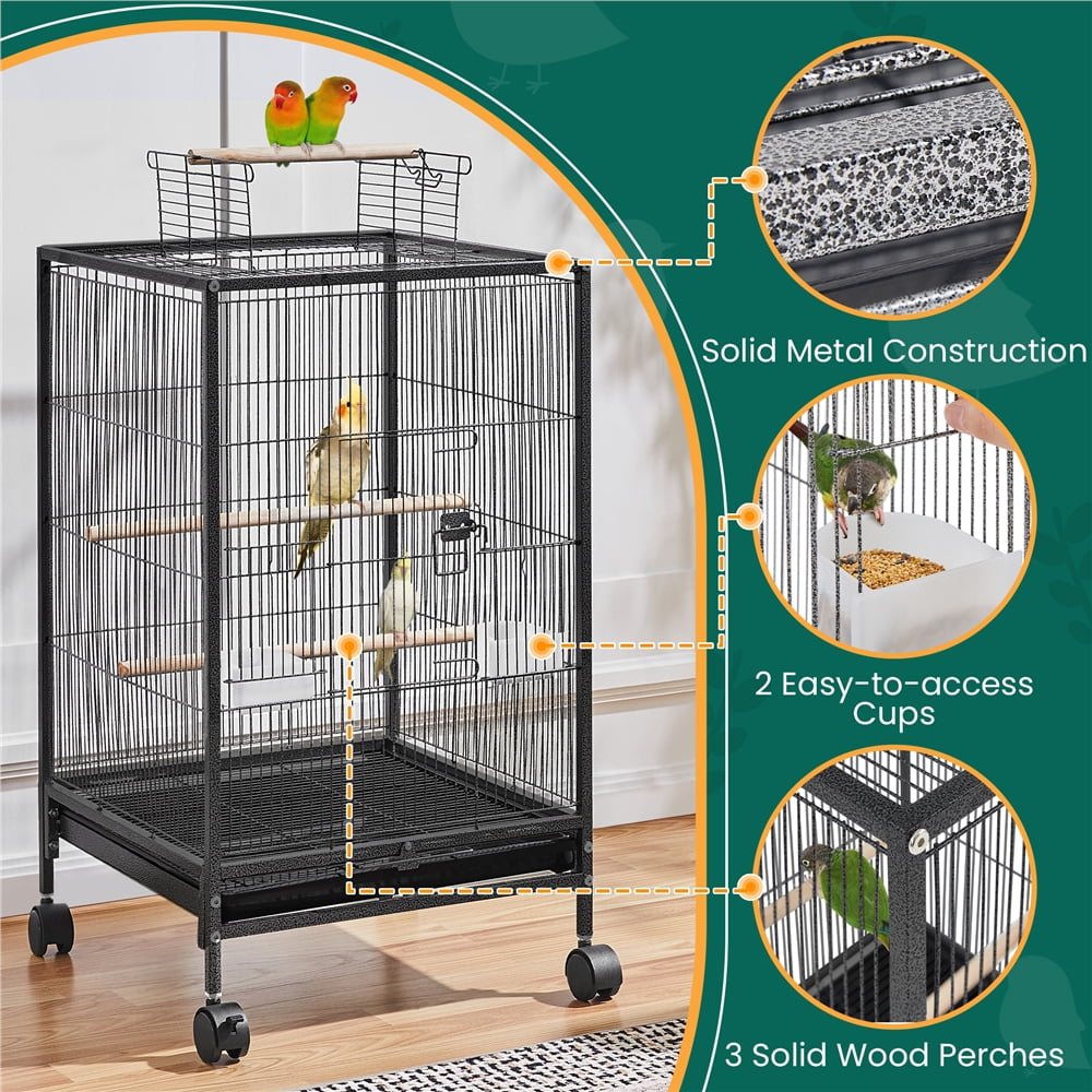 Yaheetech 31″ H Rolling Metal Birdcage with Open-top for Small-sized Birds, Black
