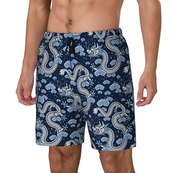Logiee Dragons Print Men's Swim Trunk,Quick Dry Board Shorts ,Men's Swim Trunks with Compression Liner, Bathing Suits with Pockets-Small