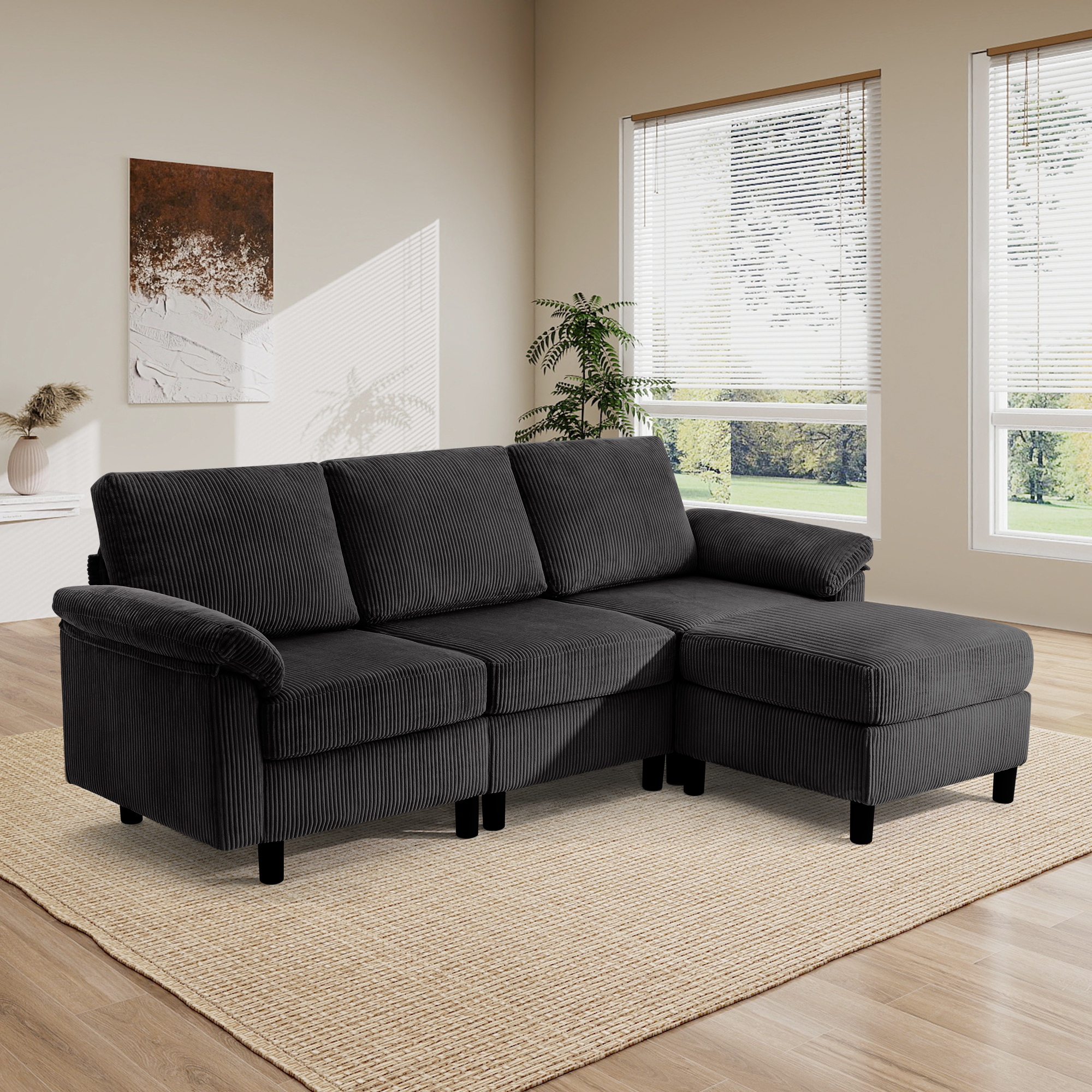 AUNEKIV Modular Sectional Sofa with Movable Ottoman, L-Shape 3-seat Storage Couch for Living Room, Black