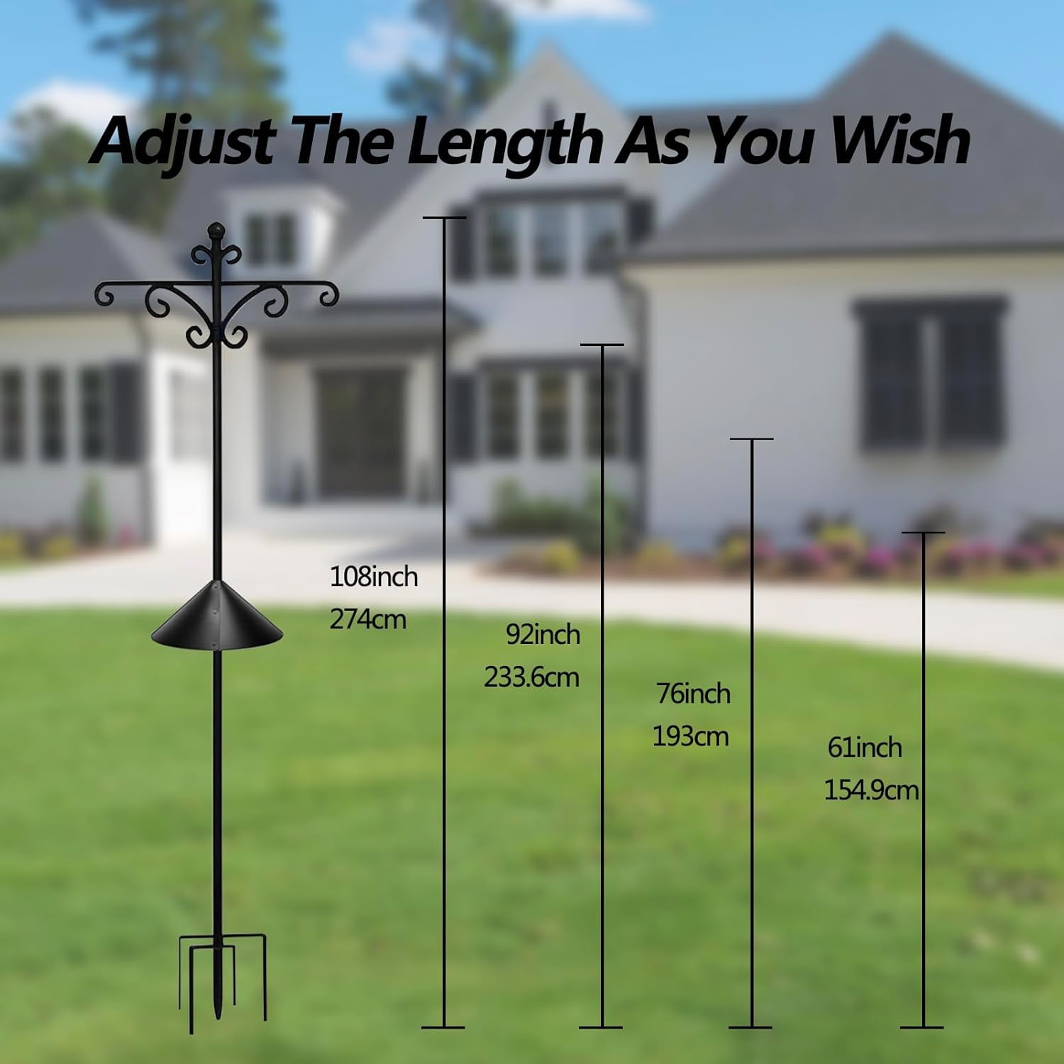 92Inch Shepherds Hooks for Outdoor with Squirrel Baffles – 6 Adjustable Hooks, 5 Prongs Base – Tall Bird Feeder Pole & Garden Stand for Hanging Plants, Lanterns, Hummingbird Feeders (black, 92inch)