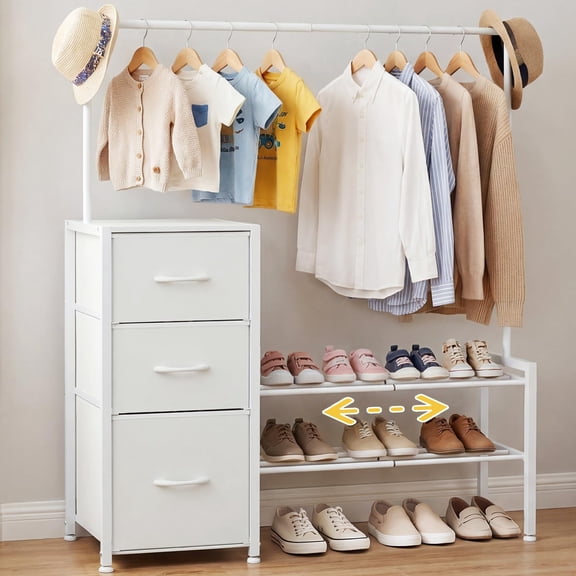HAIDAIYA 47.2"H Clothes Storage Dresser with Adjustable Hanging Rod, 3 Fabric Drawers Closet Organizer & Shoe Rack, Tall Closet Rack for Bedroom, Entryway