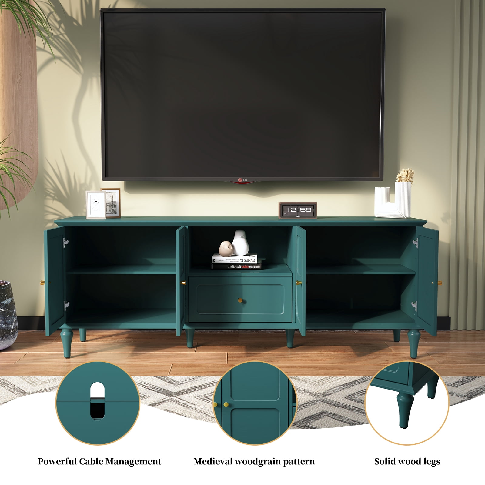 HLR Mid Century 67" TV Stand, for TVs up to 75", Living Room Entertainment Center with 4 Door Storage Cabinet, Green