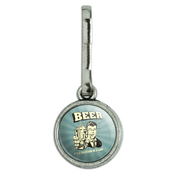 Beer It's a Vacation in a Can Funny Humor Antiqued Charm Clothes Purse Suitcase Backpack Zipper Pull Aid