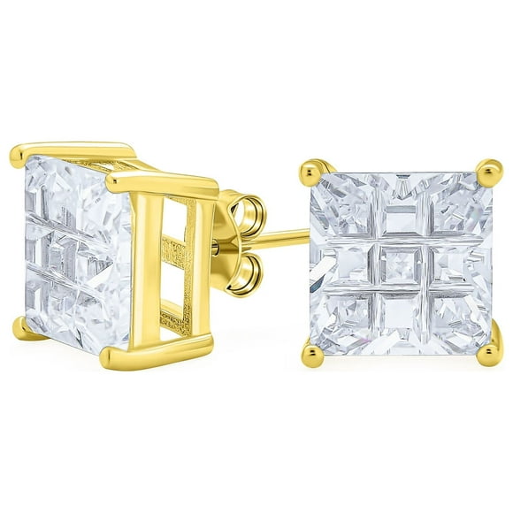 Square AAA CZ Cubic Zirconia Invisible Cut Stud Earrings for Men for Women 14K Gold Plated .925 Sterling Silver