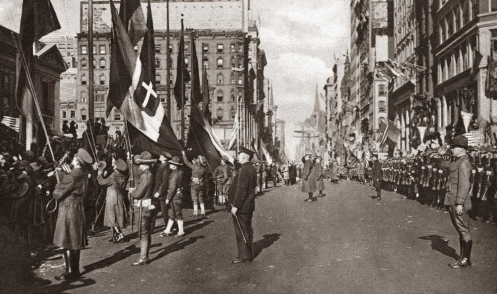 World War I Celebration Nceremony Saluting The Allied Flags Outside Of