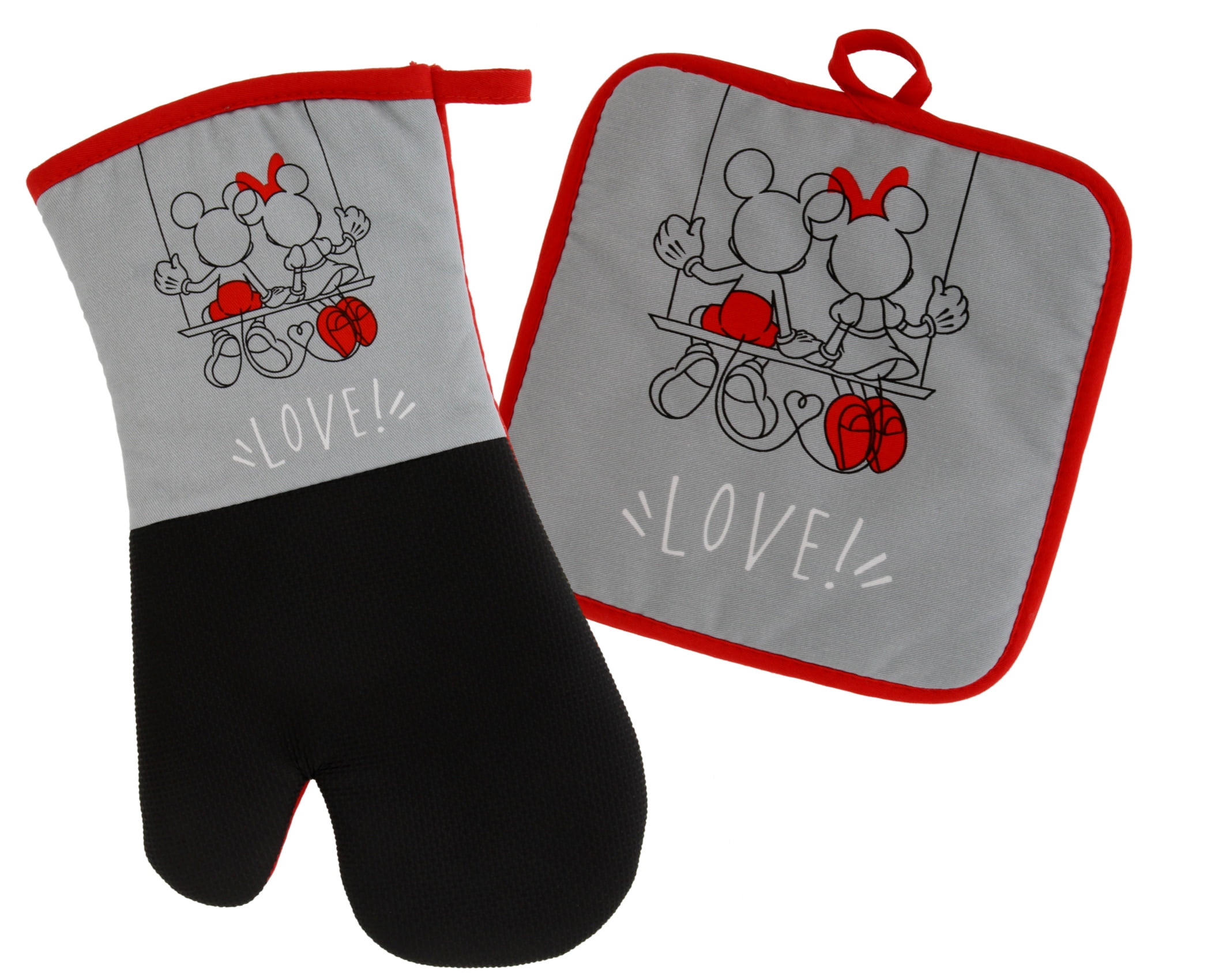 Mickey and Minnie Swing Non-Slip Heat Resistant Kitchen Accessories with Premium Insulation Ideal for Handling Hot Kitchenware Disney Kitchen Neoprene Oven Mitt and Potholder Set with Hanging Loop