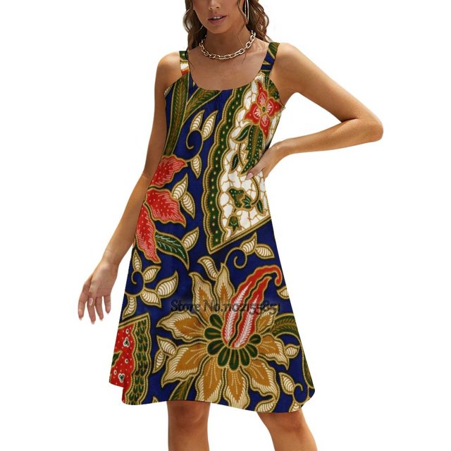 Indsian Batik Floral Pattern With Fans Back Lacing Backless Dress Square Neck Dress Fashion Design Large Size Loose Dress