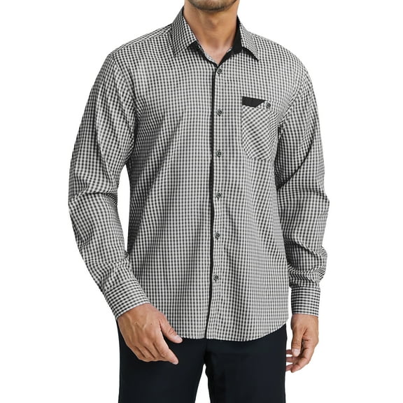 Men's Plaid Button Down Shirts Long Sleeve Dress Shirts Regular Fit Black Shirts with Pocket L