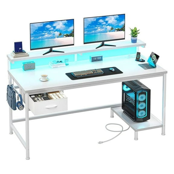 Computer Desk with Ergonomic Monitor Stand & CPU Stand,47.2" Gaming Desk with 1 Drawer & Power Outlet & JZWAL for Home Work, Bedroom Study and Gaming, Small Spaces,White