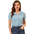 thumbnail image 1 of Camisa de cuadros con Volantes y botones de manga corta con cuello Peter Pan Allegra K Negro M, 1 of 5
