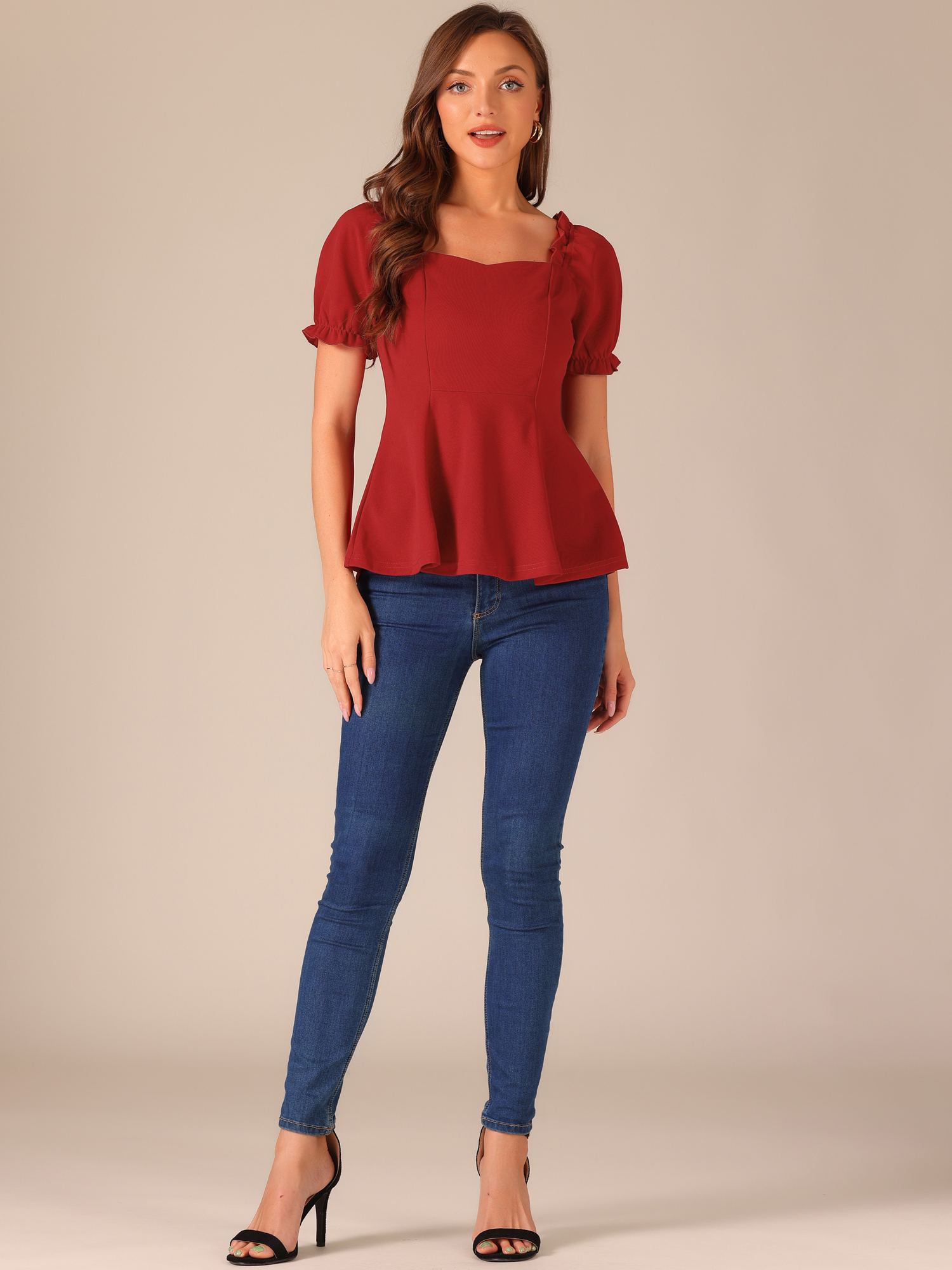 DARING DIVA Puff Sleeve Elegant Ruffle Peplum Blouse S Red
