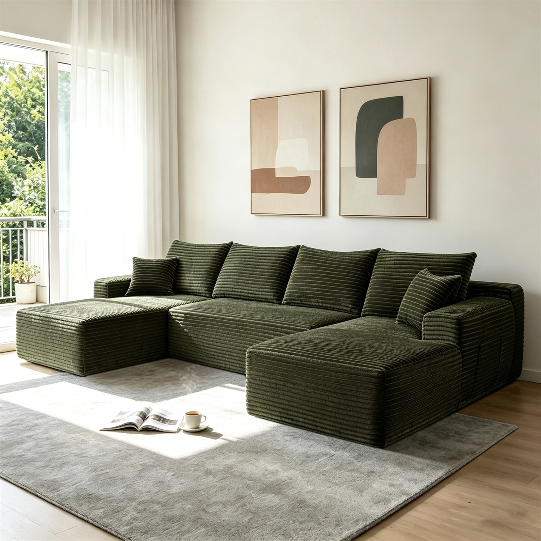 Aukfa 133" Cloud Sectional Sofa Oversized Boneless Couch Modular U-Shaped Couch, Double Chaise Corduroy Sofa for Living Room, Dark Green