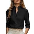 thumbnail image 2 of thefmos Women Fall Winter High Neck 3/4 Sleeve Button Down Blouses Casual Business Work Slim Shirt Basic Office Tops, Black S, 2 of 7