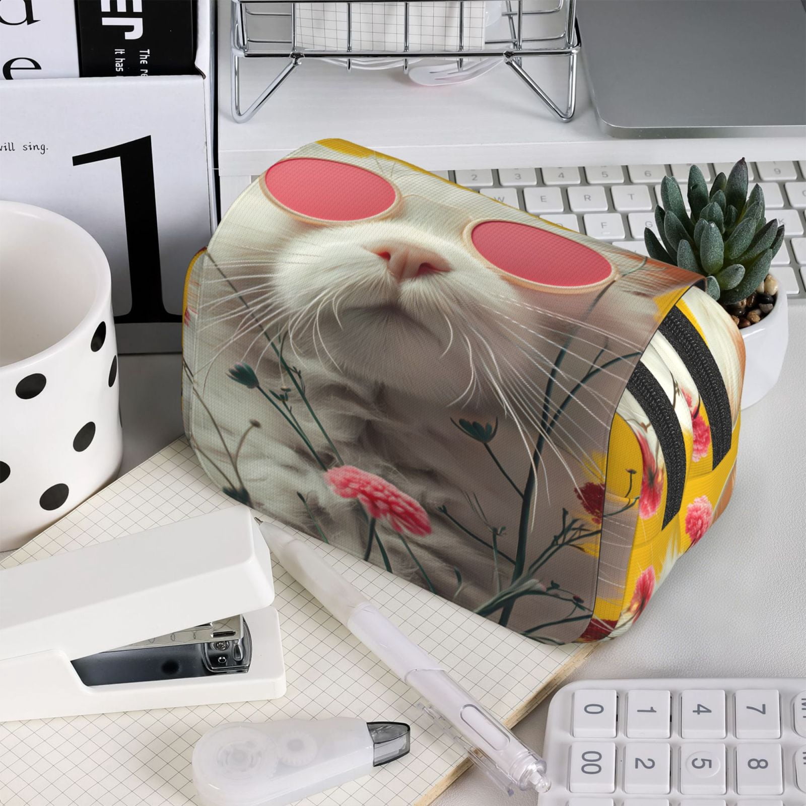 Rateoe Floral Sunglasses Cat Art Pattern Double Clamshell Pen Case, Storage Organizer with Two Zipper Compartments– Holds Up to 50 Pencils & Pens