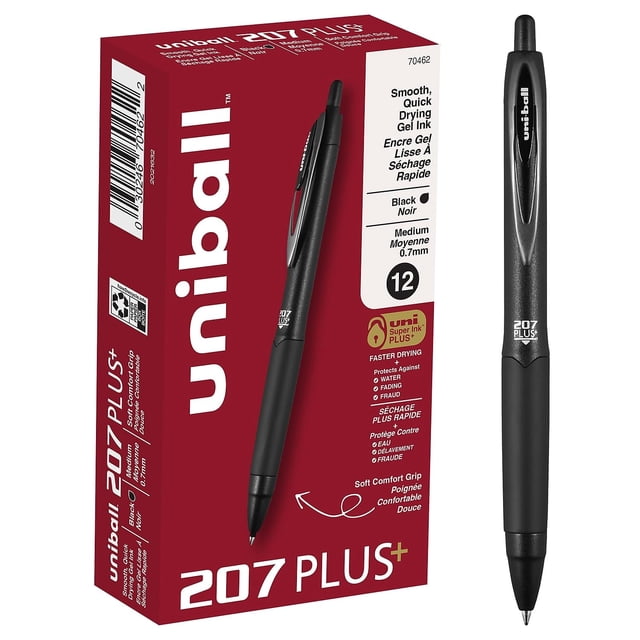 Bolígrafo de gel uni-ball 207PLUS+ negro con punta retráctil de 0,7 mm, 12 unidades