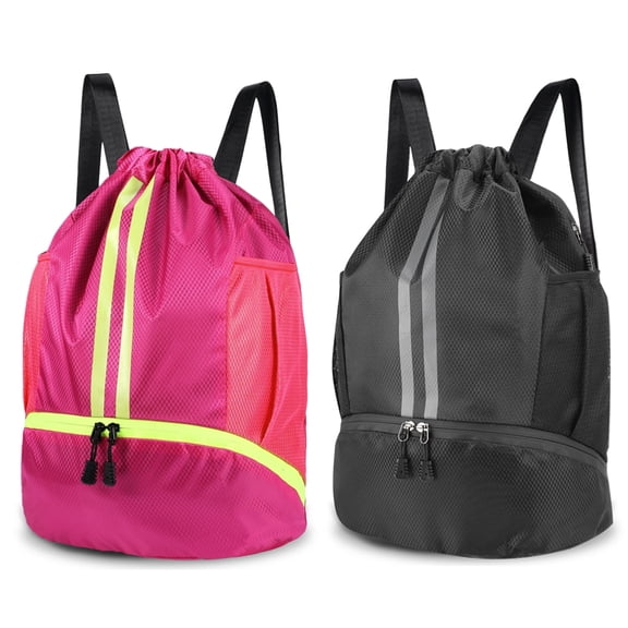 Bocaoying 2 Pcs 3-Compartment Sports Drawstring Backpack, Water-Resistant Gym Bag with Wet/Dry Separation, Side Pockets & Zipper Pocket, Lightweight Swim Soccer Basketball Sack