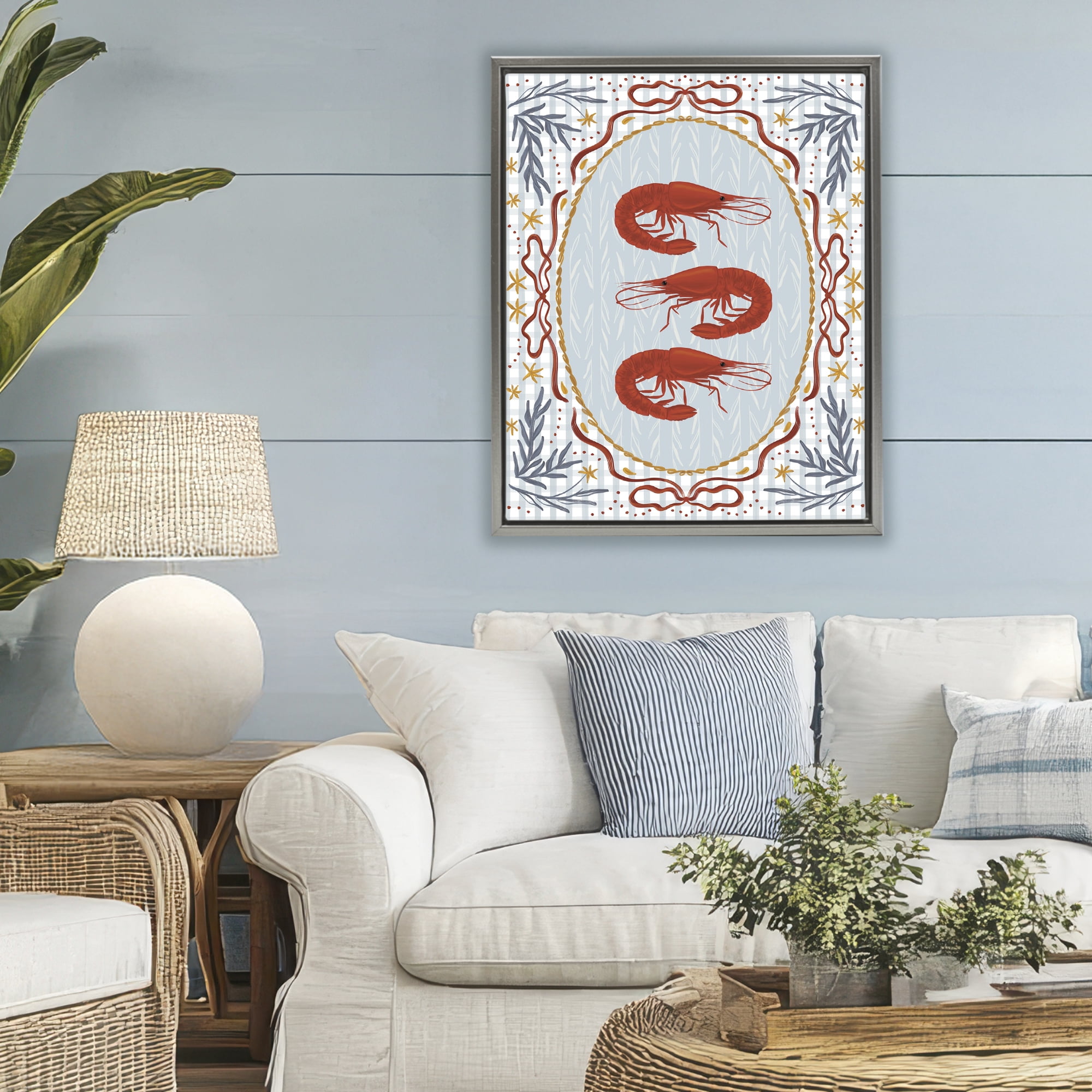 Stupell Industries Three Red Prawns on Gingham Gray Framed Floater Canvas Wall Art, design by Vero Illustrates