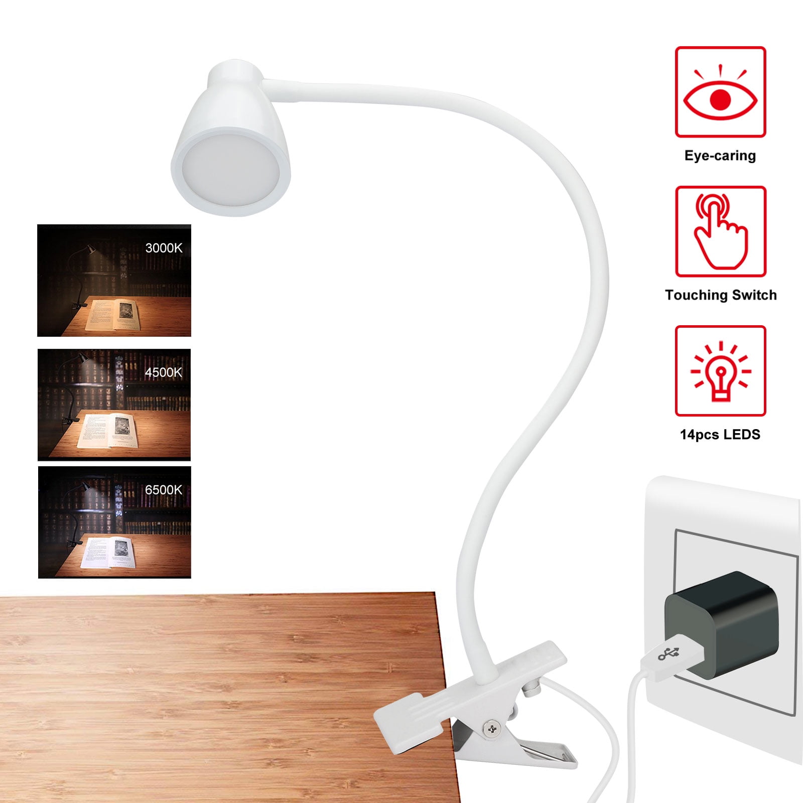 Reading Light Study Lamp Eye Care Protection with 10 & 3 USB LED Clip Desk Lamp 