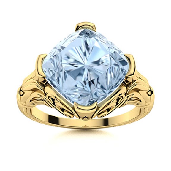11 MM Cushion Aquamarine Engraved Designer Cocktail Ring 925 Sterling Silver Gold Vermeil