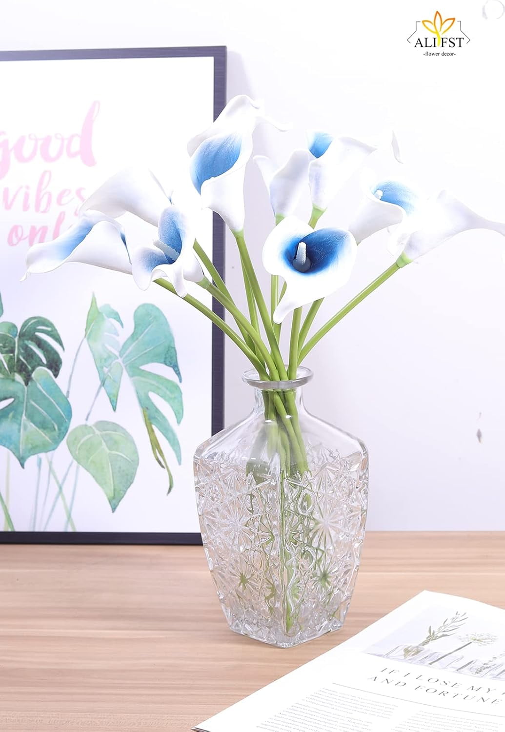 Mini Artificial Calla Lily 10 Stem Bridal Bouquets Artificial Latex Real Touch Flowers for Home Party Decor (Teal Blue White)