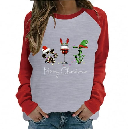

jsaierl Tops for Women Work Casual Women s Spring Patchwork Christmas Printed Long Sleeves Round Neck Casual Tee Tops