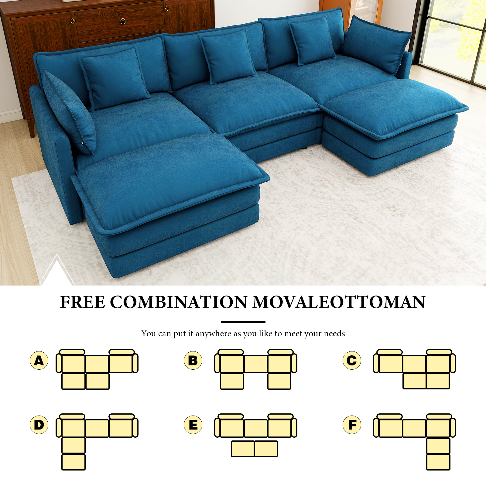 111.5” Blue Modular Sofa, 3 Seater U Shaped Chenille Sectional for Living Room, Cloud Couch with Ottoman, Sofá moderno