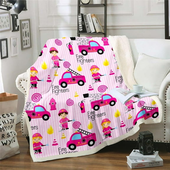 Girls Pink Fire Truck Throw Blanket Firefighters Trucks Fleece Blanket 40"X50" Cartoon Firemen Rescue Car Vehicle Sherpa Blanket For Kids Car Theme Room Decor Rose Pink Stripes Flannel Blanket