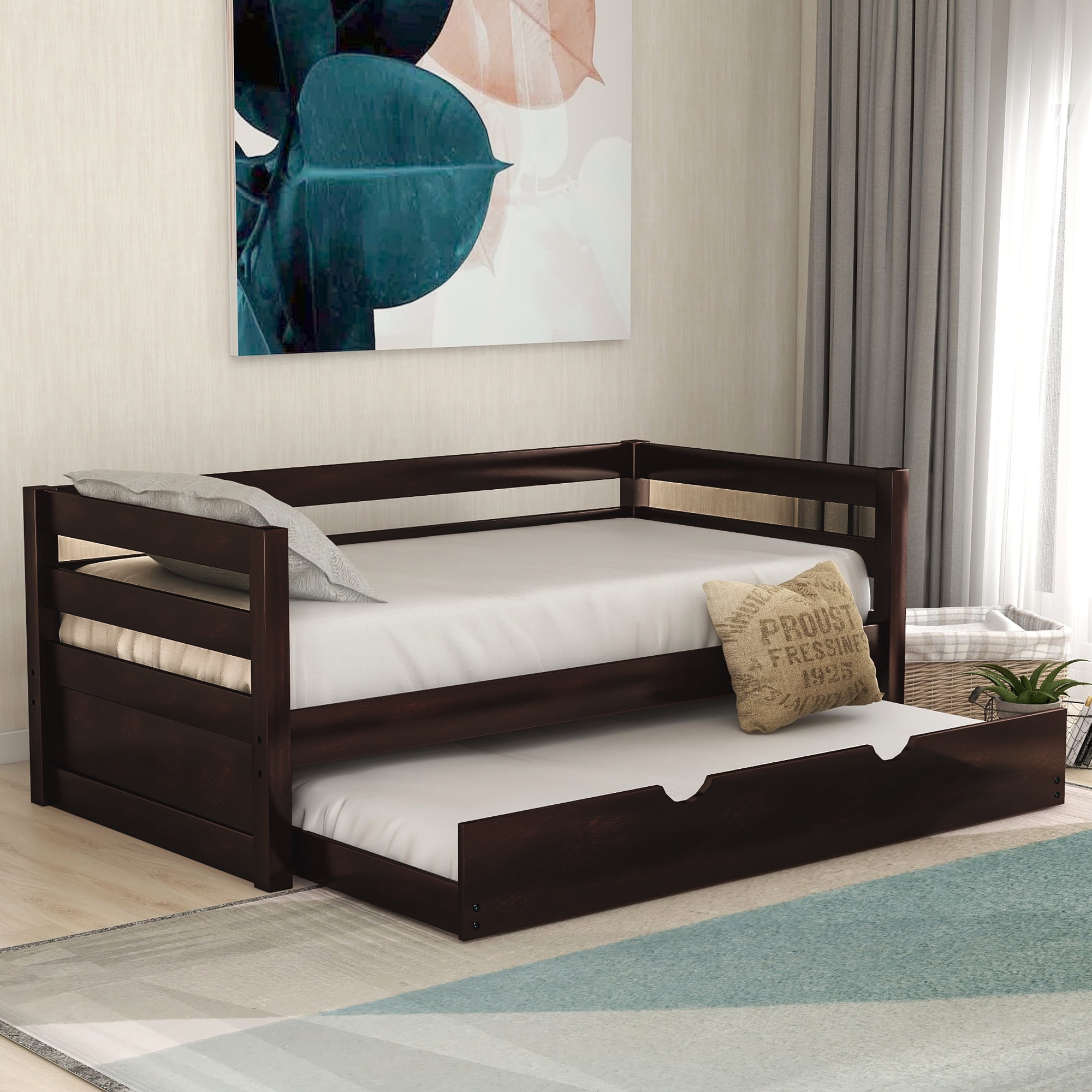 EUROCO Solid Wood Daybed with Trundle, Twin, Brown