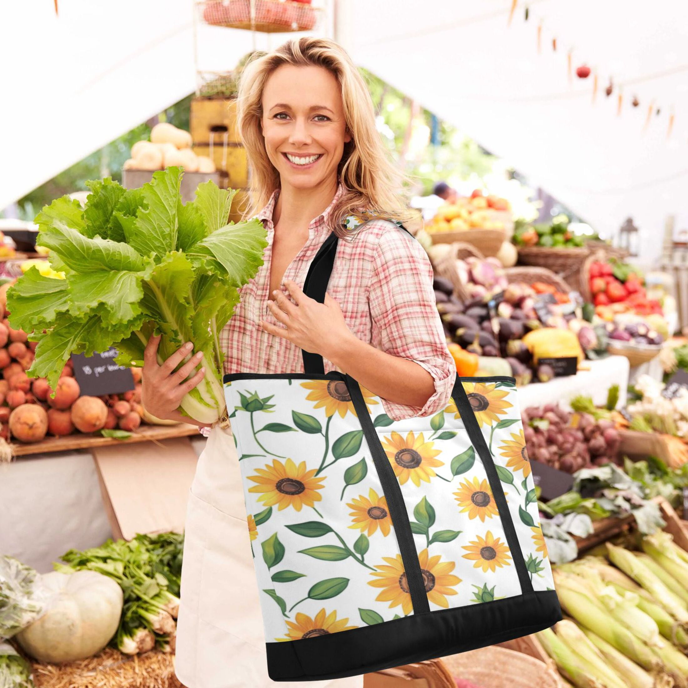 Large Hand-held Ice Pack Picnic Bag Insulation and Refrigeration Suitable for Shopping Picnics and Camping Lovely Sunflower
