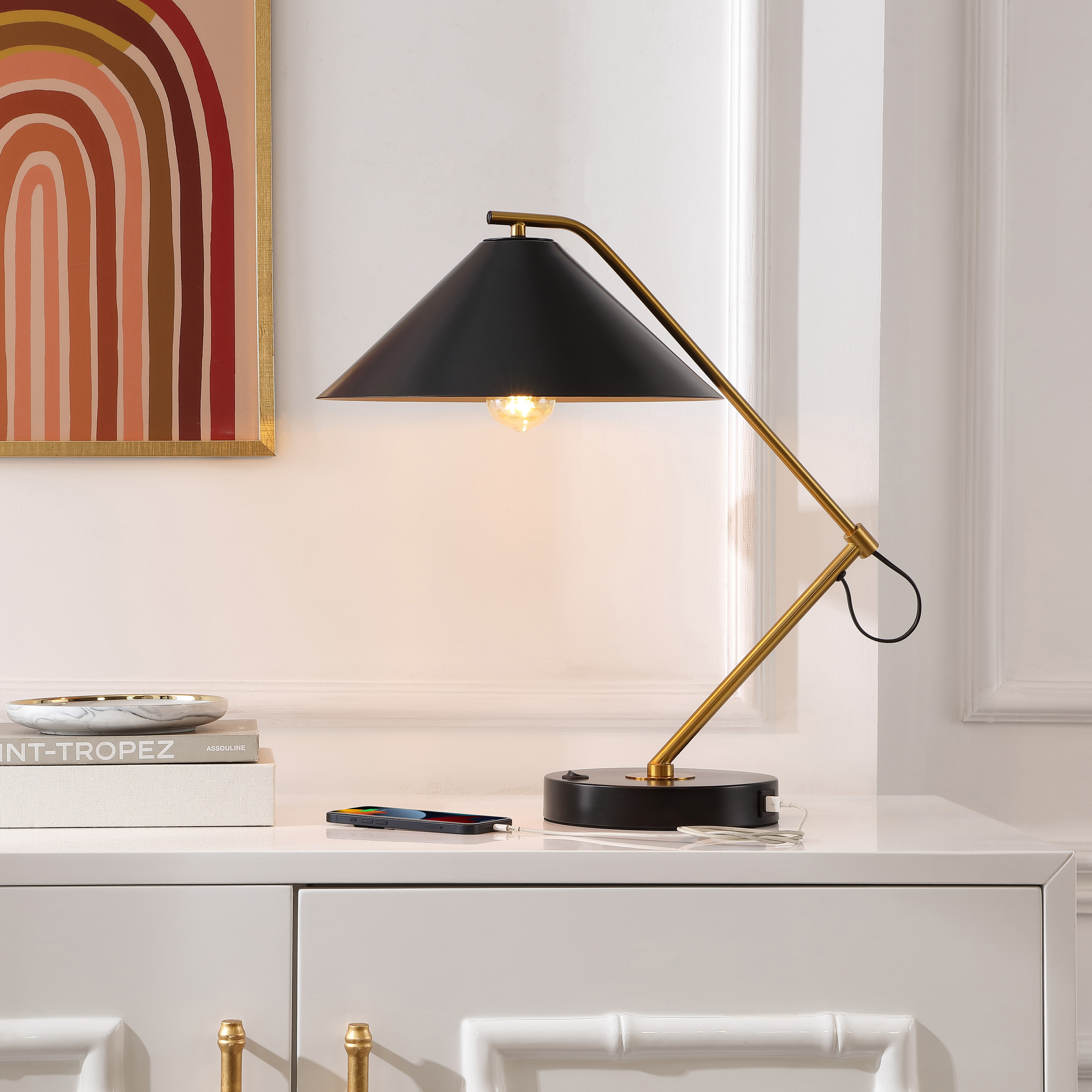 SAFAVIEH Moseby 21 in. Glam Black Metal USB Port Table Lamp with Black Shade
