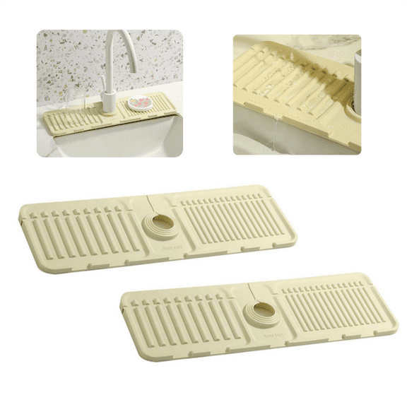 2 Pcs Kitchen Sink Splash Mat, Dingrich Sink Draining Mat Faucet Guard, 17.5x5.7inch Silicone Sink Drainage Mat, Countertop Sink Splash Proof Silicone Mat for Kitchen, Countertops, Bathroom - Beige