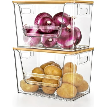 2 Pack Potato Storage Bin, DELAMU Clear Stackable Pantry Organizer with Bamboo Lid