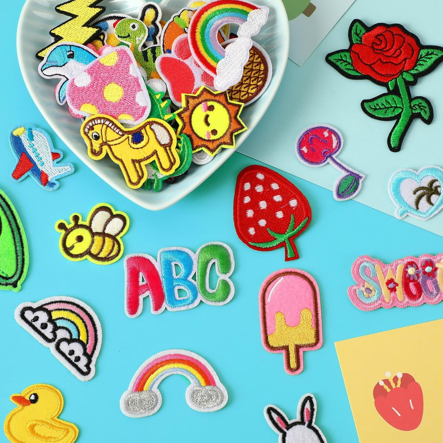 AllWays Plaza 60pcs Cartoon Embroidered Patches Random Assorted Styles Cute Theme Iron on Patches DIY Sew Applique Repair Patch Cute Preppy Sew on Patches for Backpacks Pants Clothes Jeans