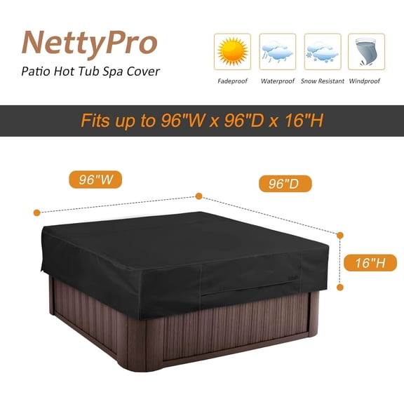 Hot Tub Cover Protector - 96 x 96 inch, Black, Waterproof Outdoor SPA Cover Cap