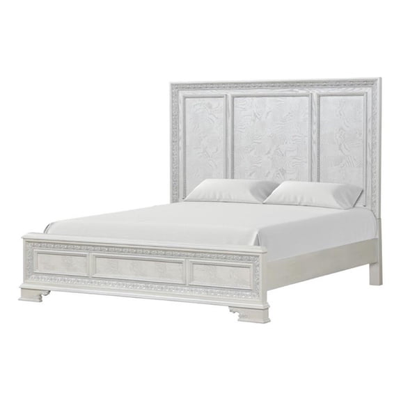 Miamy King Bed-Creamy White Wood-Panel Design-Silver Brushed Accents