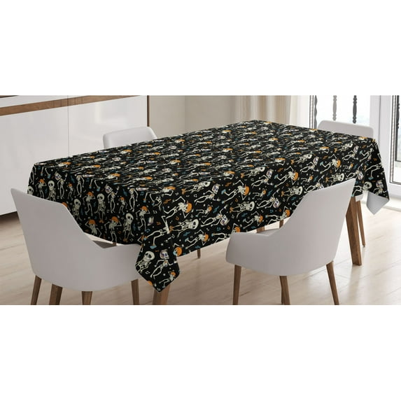 Skeleton Tablecloth, Humorous Dancing Halloween Party Musical Notes and Stars, Rectangle Satin Table Cover Accent for Dining Room and Kitchen, 60" X 84", Charcoal Grey Multicolor, by Ambesonne