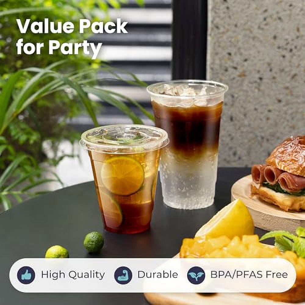  [100 Pack] 16 oz Clear Plastic Cups with Flat Lids, Disposable  Iced Coffee Cups, BPA Free Premium Crystal Smoothie Cup for Party, Lemonade  Stand, Cold Drinks, Juice, Milkshake, Bubble Boba, Tea 