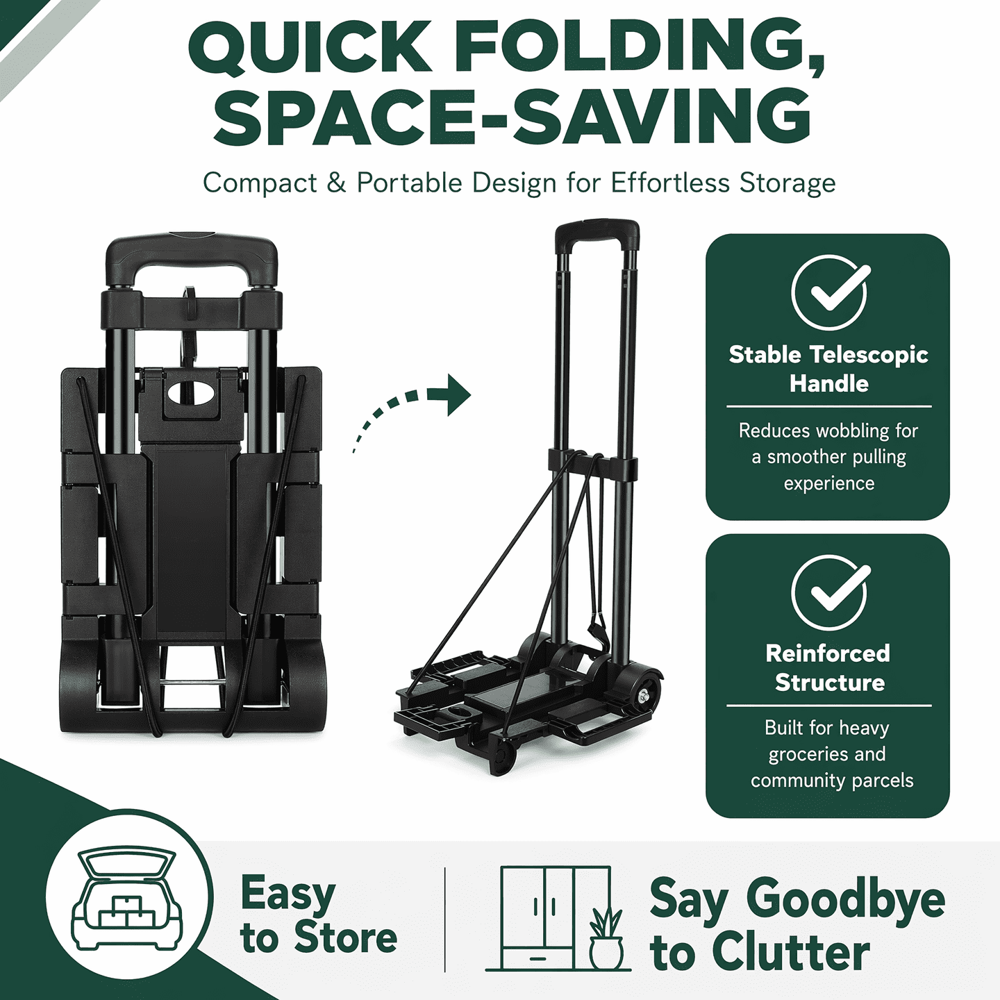 Tiagowell, Black, 70 lbs Max Weight, Iron Alloy and PP Plastic, 35 x 32 cm Folding Hand Truck Dolly