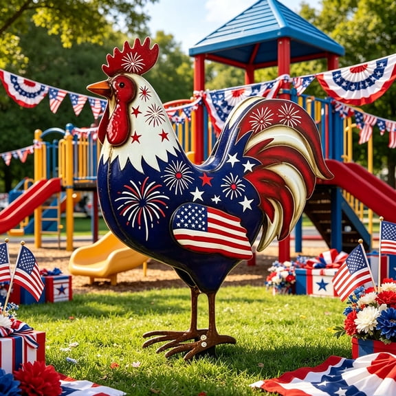 Independence Day Rooster Ground Stake,Patriotic Iron Decor,Weatherproof Fade-Resistant Stake-in Install,4th of July Outdoor Farm Garden Yard Lawn Ornament
