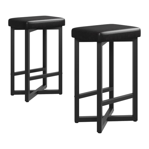 Garvee 24.6" Bar Stools Set of 2 with Footrest, Metal X-Frame, Upholstered PU Leather Seats, Black
